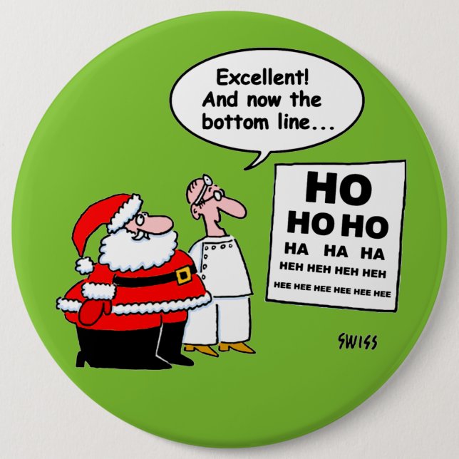 Funny Santa Reads Optometrist Eye Chart Cartoon Button (Front)