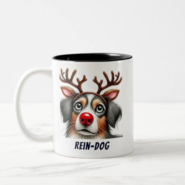 Funny Santa Rein-Dog Two-Tone Coffee Mug (Left)
