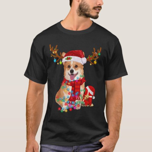 Funny Santa Reindeer Corgi Christmas Lights Xmas T_Shirt