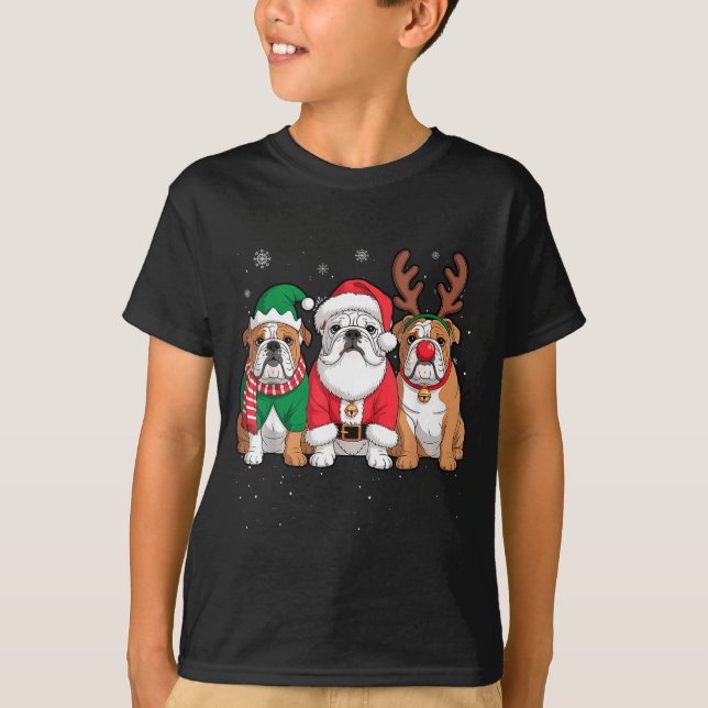 Funny Santa Reindeer English Bulldog Dog Women Men T-Shirt (Front)