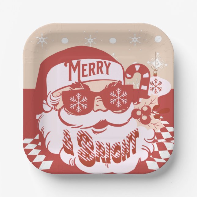 Funny Santa Retro Red Pink Christmas Party  Paper Plates (Front)