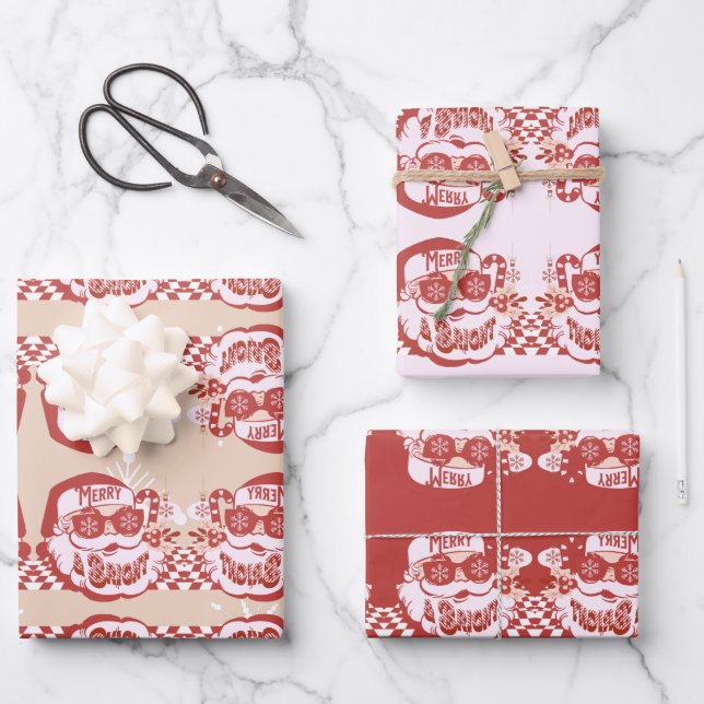 Funny Santa Retro Red Pink Christmas Party   Wrapping Paper Sheets (Front)