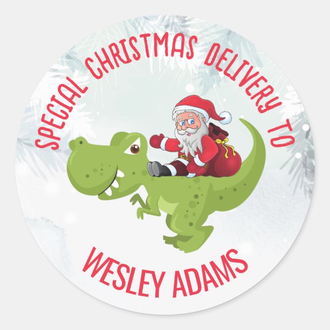 Funny Santa riding a dinosaur special delivery Classic Round Sticker (Front)