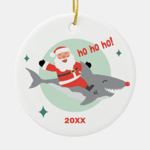 Funny Santa Riding A Shark Name Ceramic Ornament
