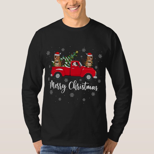 Funny Santa Riding Christmas Tree Truck Beaver Chr T-Shirt (Front)