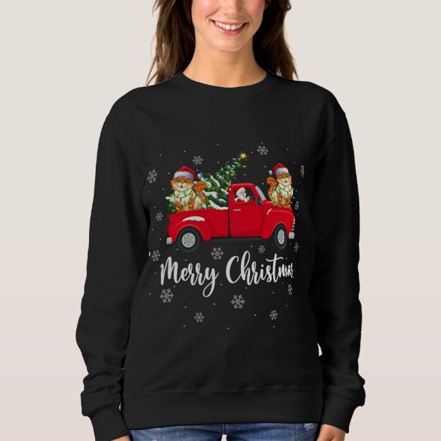 Funny Santa Riding Christmas Tree Truck Cat Christ Sweatshirt (Front)