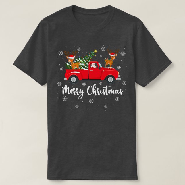 Funny Santa Riding Christmas Tree Truck Deer Chris T-Shirt (Design Front)