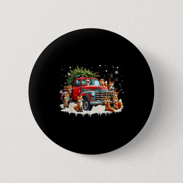 Funny Santa Riding Christmas Tree Truck Fox Christ Button (Front)