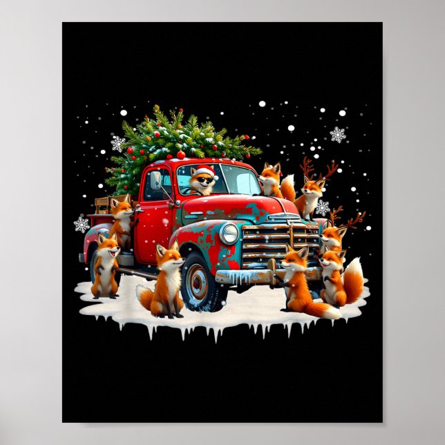 Funny Santa Riding Christmas Tree Truck Fox Christ Poster (Front)