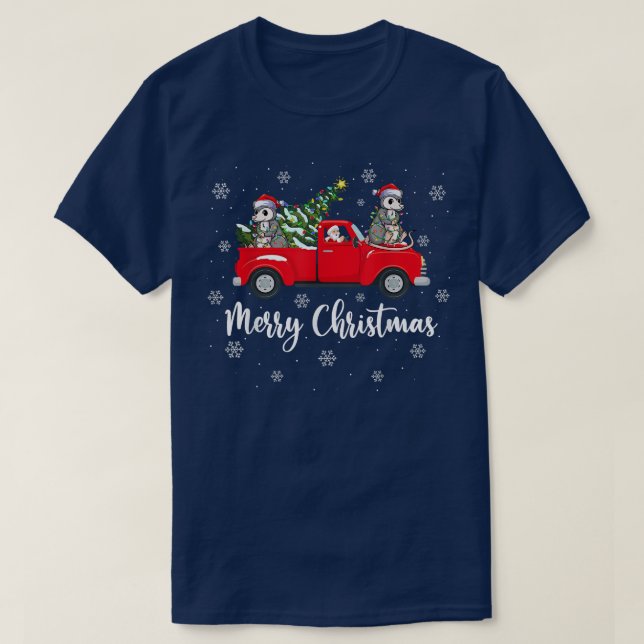Funny Santa Riding Christmas Tree Truck Opossum Ch T-Shirt (Design Front)