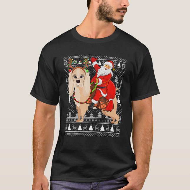 Funny Santa Riding Cocker Spaniel Dog Ugly Christm T-Shirt (Front)