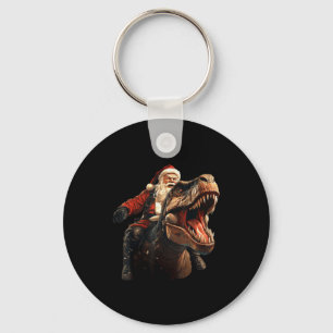 Funny Santa Riding Dinosaur, Vintage Christmas Art Keychain
