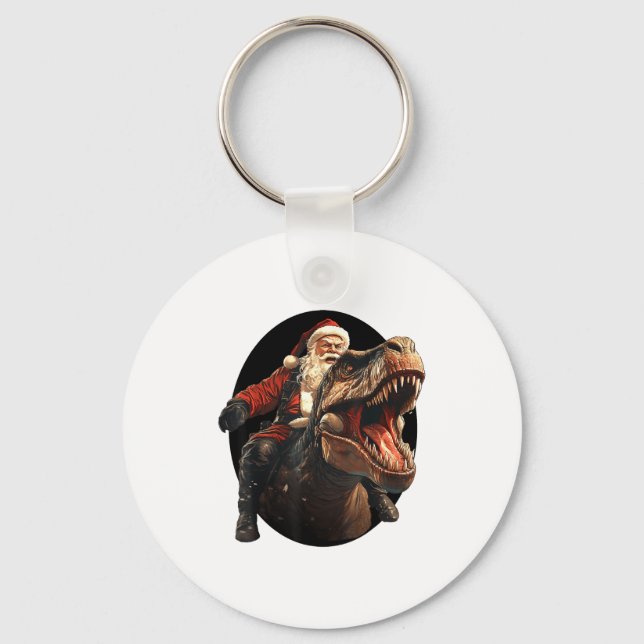 Funny Santa Riding Dinosaur, Vintage Christmas Art Keychain (Front)