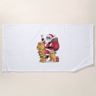 Funny Santa Riding Goldendoodle Dog Christmas  Beach Towel