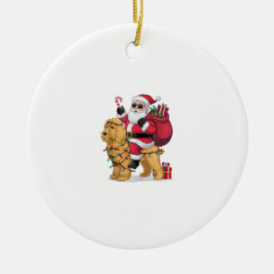 Funny Santa Riding Goldendoodle Dog Christmas Ceramic Ornament