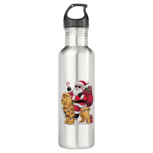 Funny Santa Riding Goldendoodle Dog Christmas  Stainless Steel Water Bottle (Front)