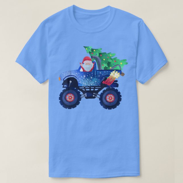 Funny Santa Riding Monster Truck with Christmas Tr T-Shirt (Design Front)