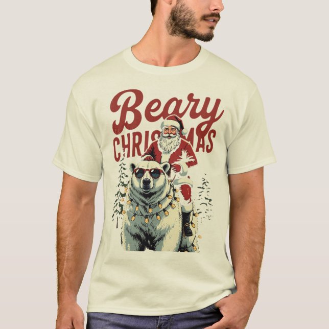 Funny Santa Riding Polar Bear | Beary Christmas T-Shirt (Front)