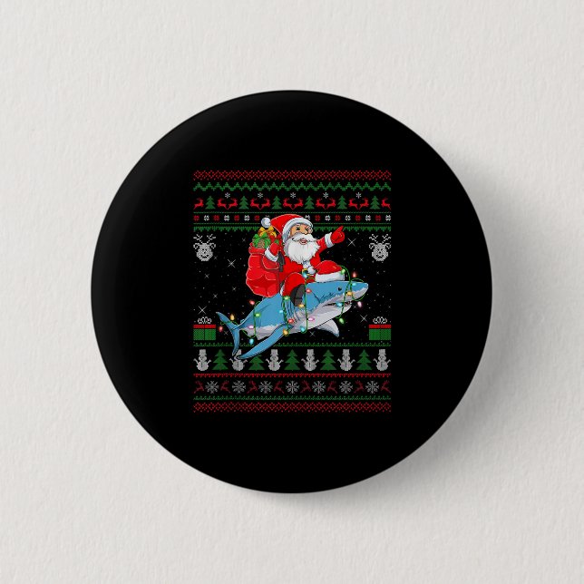 Funny Santa Riding Shark Ugly Christmas Sweaters S Button (Front)