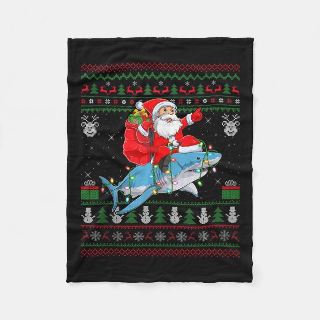 Funny Santa Riding Shark Ugly Christmas Sweaters S Fleece Blanket (Front)