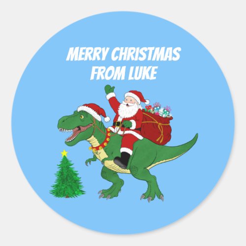 Funny Santa Riding T-Rex Christmas Classic Round Sticker
