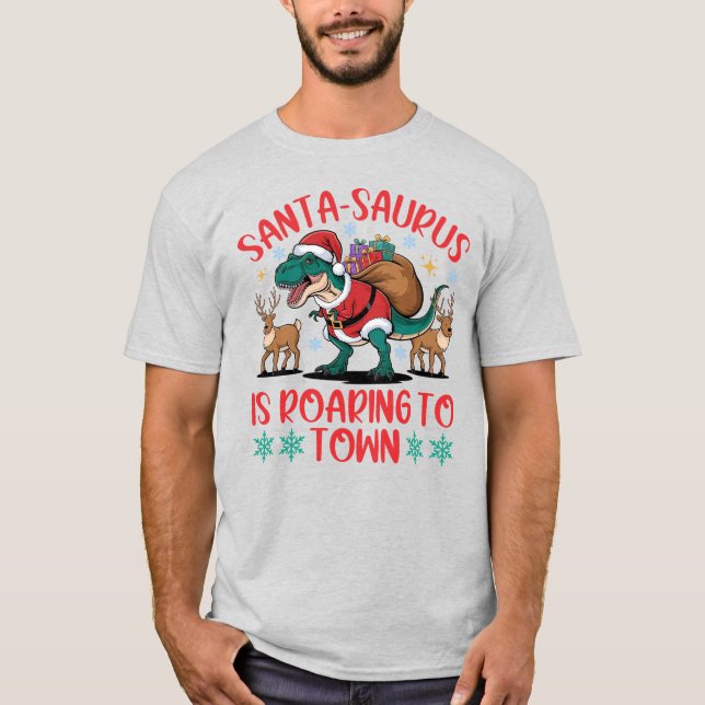 Funny Santa-saurus T-Rex Dinosaur Christmas T-Shirt (Front)