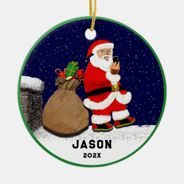Funny Santa Selfie Christmas Ceramic Ornament (Front)