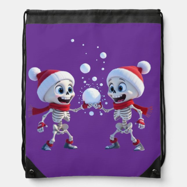Funny Santa Skeletons Having a Snowball Fight  Drawstring Bag (Front)