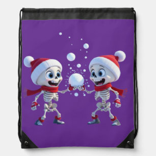 Funny Santa Skeletons Having a Snowball Fight  Drawstring Bag