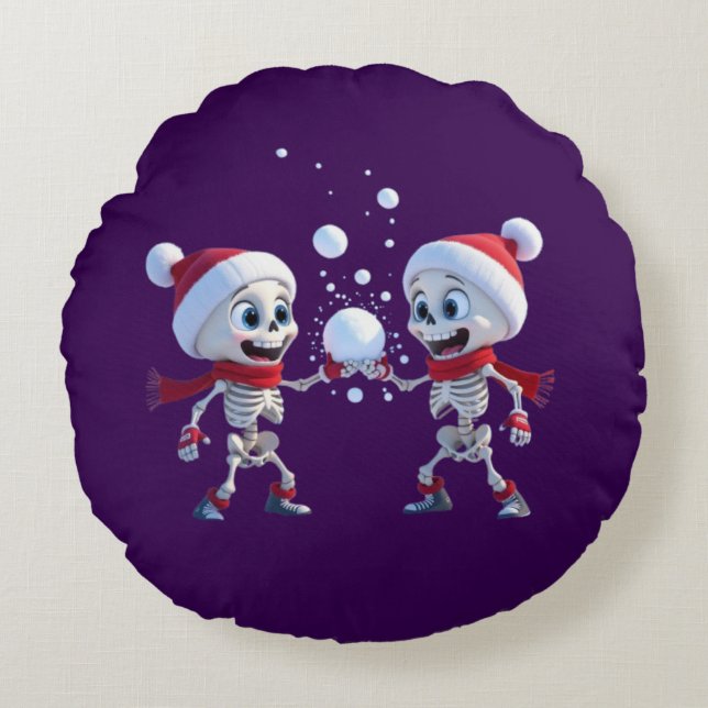 Funny Santa Skeletons Having a Snowball Fight  Round Pillow (Front)