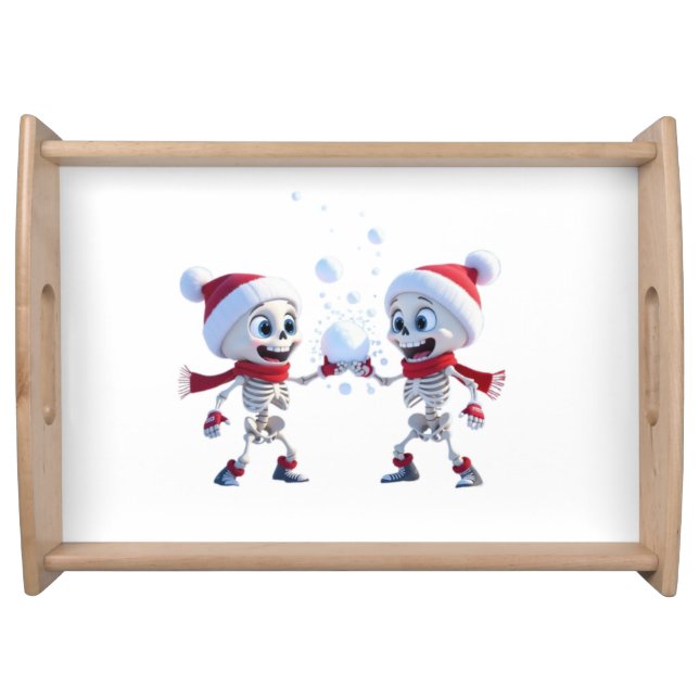 Funny Santa Skeletons Having a Snowball Fight  Serving Tray (Front)