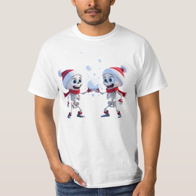 Funny Santa Skeletons Having a Snowball Fight  T-Shirt (Front)