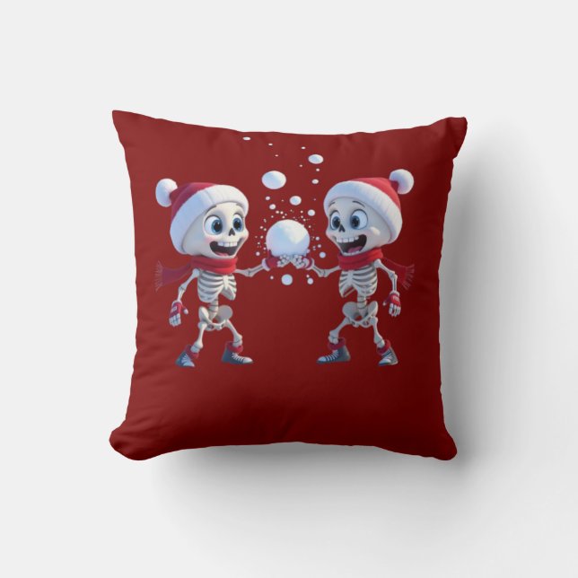 Funny Santa Skeletons Having a Snowball Fight  Throw Pillow (Front)