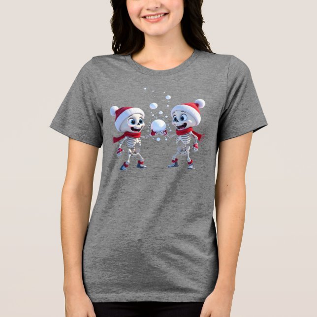 Funny Santa Skeletons Having a Snowball Fight  Tri-Blend Shirt (Front)