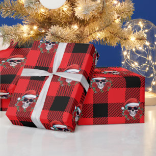 Funny Santa Skull Buffalo Check Wrapping Paper