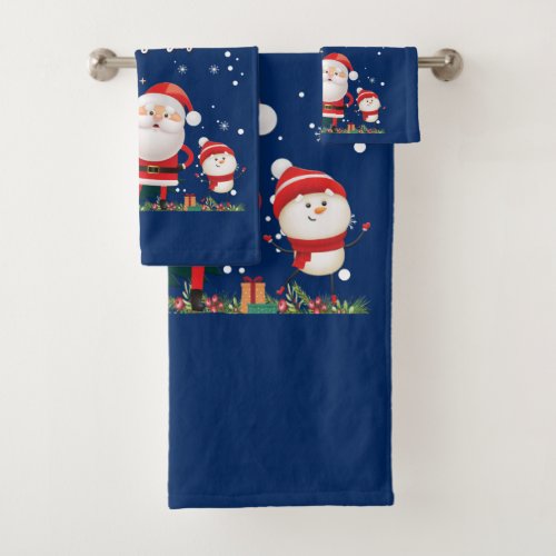 Funny Santa Snowman Reindeer Merry Christmas Bath Towel Set