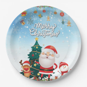 Funny Santa, Snowman, Reindeer Merry Christmas Paper Plates