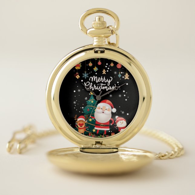 Funny Santa, Snowman, Reindeer Merry Christmas Pocket Watch (Inside)