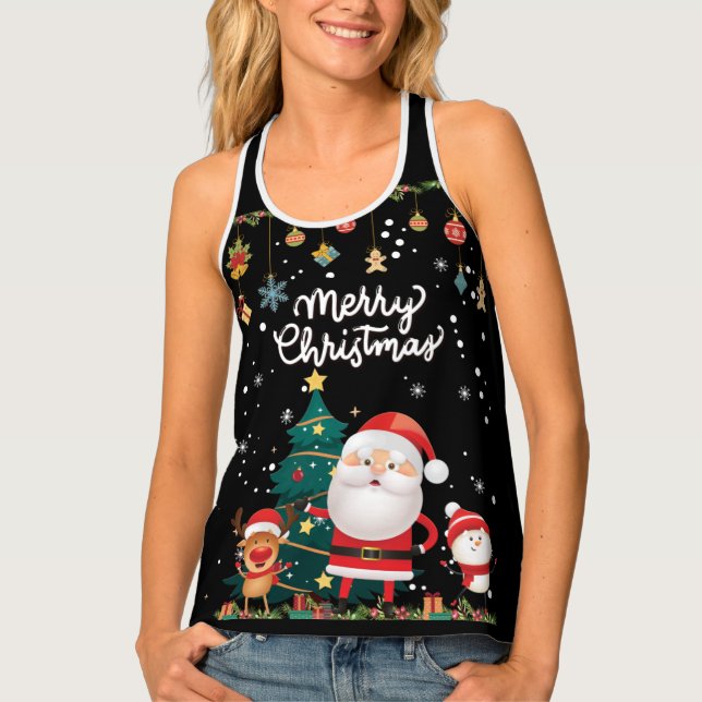 Funny Santa, Snowman, Reindeer Merry Christmas Tank Top (Front)
