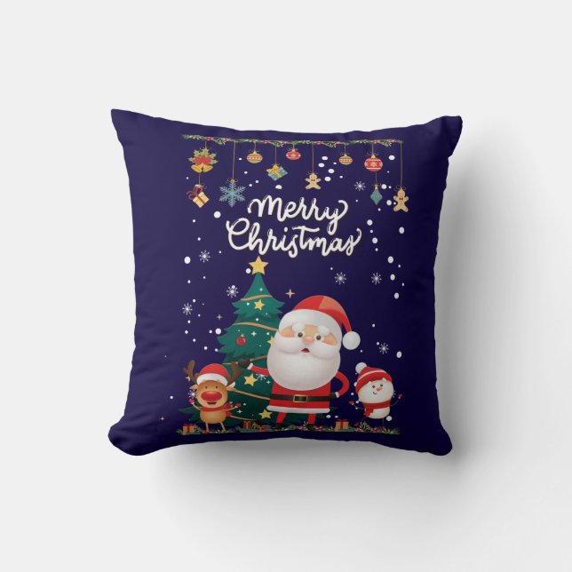 Funny Santa, Snowman, Reindeer Merry Christmas Throw Pillow (Front)