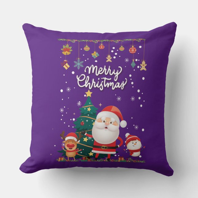 Funny Santa, Snowman, Reindeer Merry Christmas Throw Pillow (Front)