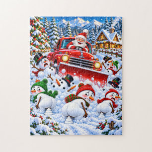 Funny Santa Snowplow and Pooping Snowmen Christmas Jigsaw Puzzle