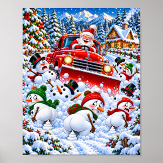 Funny Santa Snowplow and Pooping Snowmen Christmas Poster