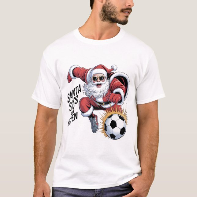 Funny Santa Soccer Kicking Ball Graphic Tee | Chri (Front)