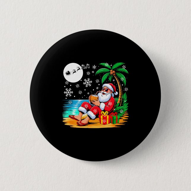 Funny Santa Sungles Drinking Coconut On Beach Chri Button (Front)