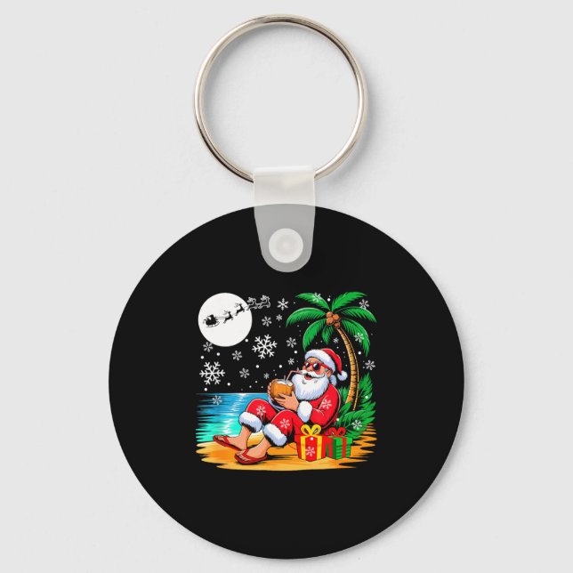 Funny Santa Sungles Drinking Coconut On Beach Chri Keychain (Front)