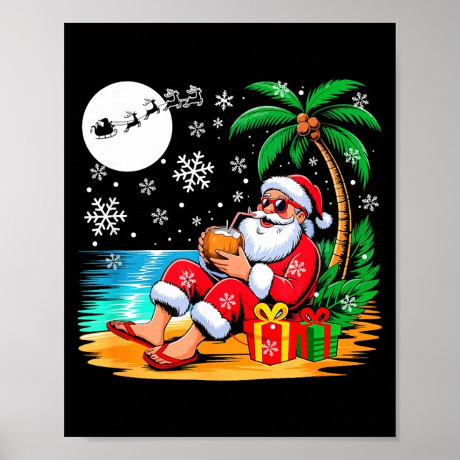 Funny Santa Sungles Drinking Coconut On Beach Chri Poster (Front)