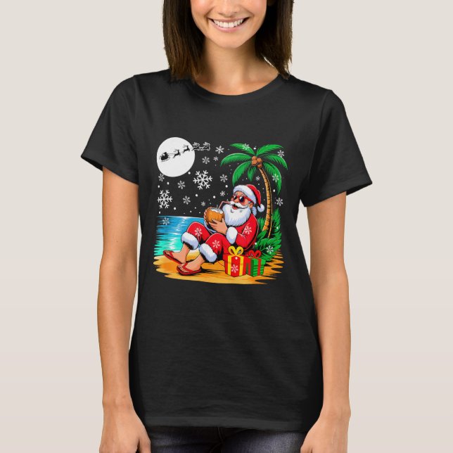 Funny Santa Sungles Drinking Coconut On Beach Chri T-Shirt (Front)