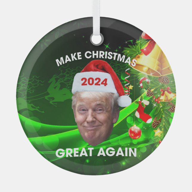 Funny Santa Trump 2024 Make Christmas Great Again  Glass Ornament (Front)