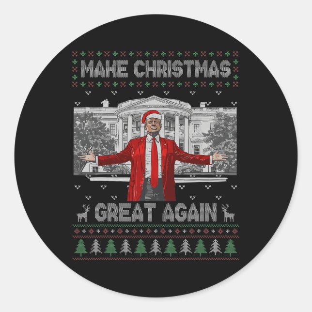 Funny Santa Trump Make Christmas Great Again Ugly  Classic Round Sticker (Front)